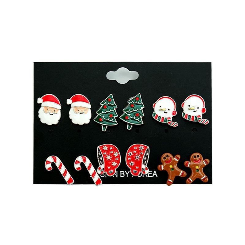 Christmas Earrings Santa Tree Snowman Rod Hat Cookie Man Christmas Stud Earrings Set Ornament