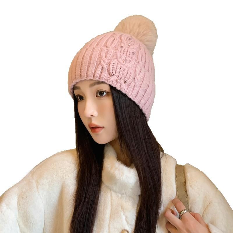 Cold proof and Warm Wool Ball Knitted Hat for Girls Outdoor Windproof Plus Velvet Versatile Ear Protection Wool Hat New Style In Winter
