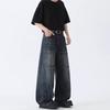 Unisex Vintage Washed Relaxed Straight Leg Denim Pants Low Waist Wide Tapered Fit Casual Jeans
