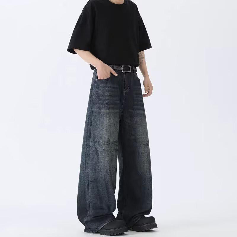 Unisex Vintage Washed Relaxed Straight Leg Denim Pants Low Waist Wide Tapered Fit Casual Jeans