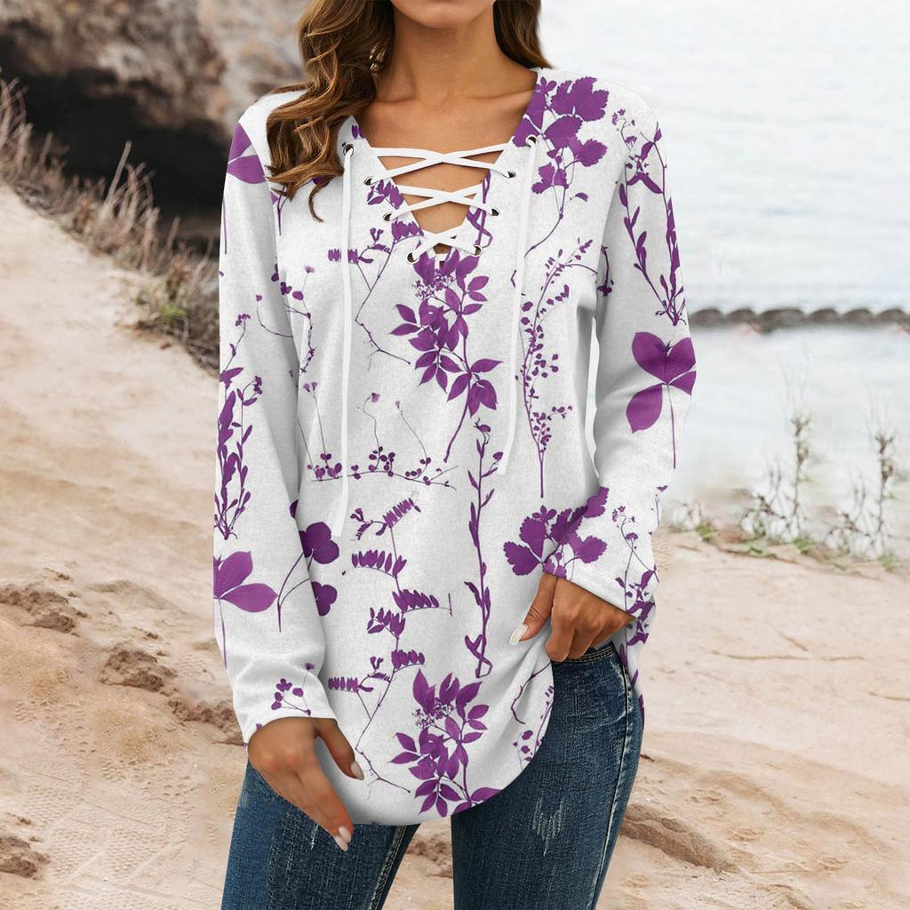 Women's Blouse Fashion Loose Casual Long Sleeved Printed V-Neck T-shirt Top