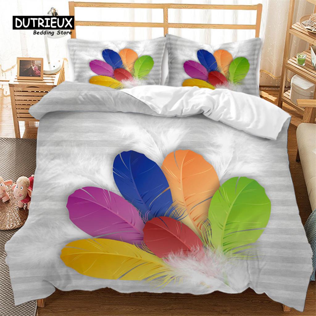 Feather Bedding Set Bohemia Style Abstract Geometric Print Duvet Cover Set Microfiber Comforter Cover King Queen For Kids Adults