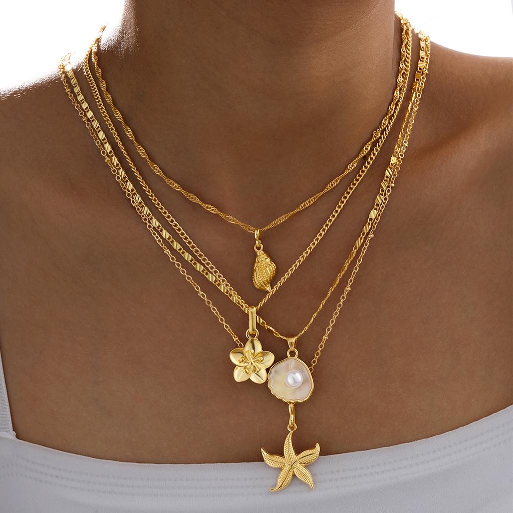 4Pcs/Set Shiny Shell Starfish Conch Flower Necklaces for Women Simple Imitation Pearl Gold Color Pendant Necklace Female Jewelry