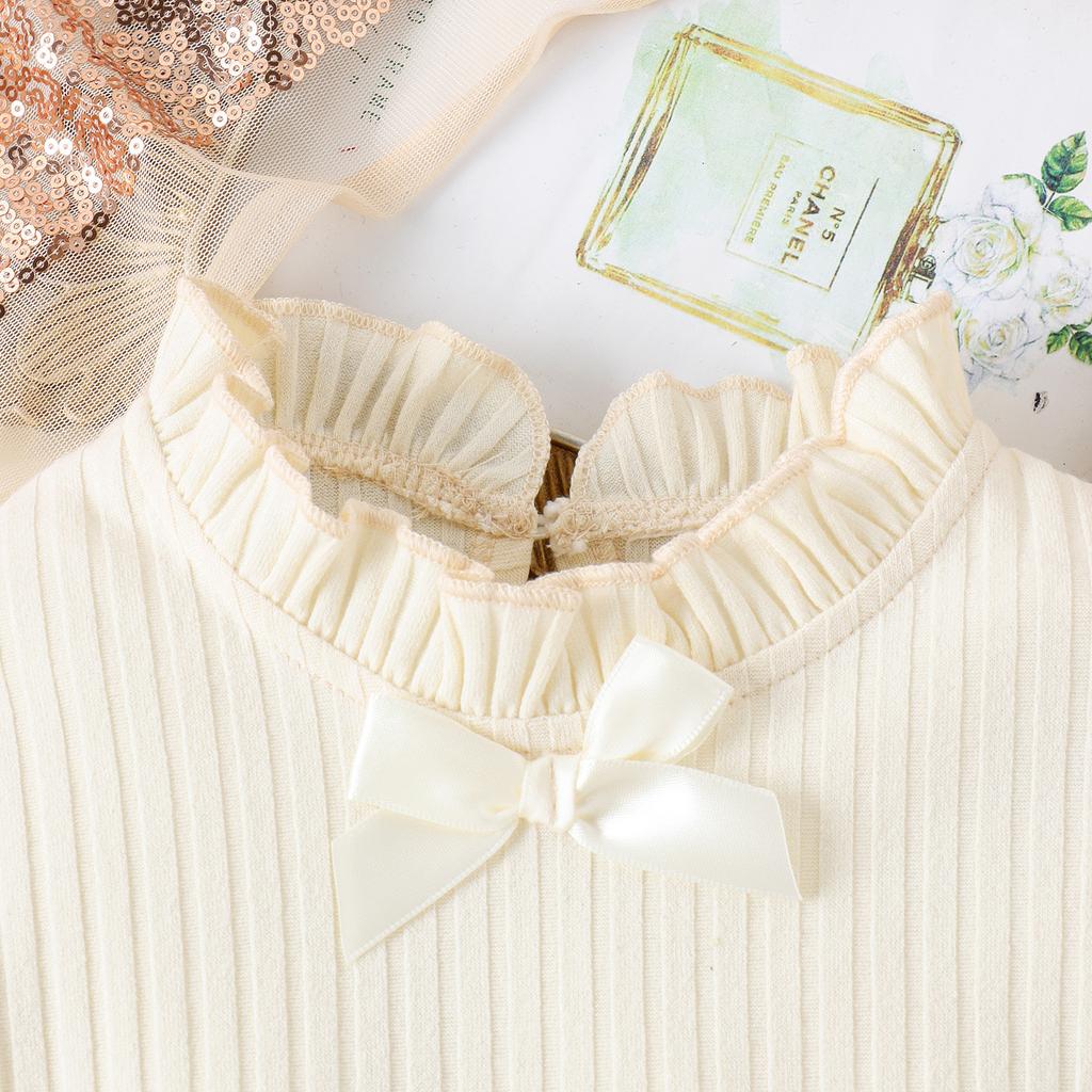 Girls' Set Autumn and Winter Children's Sleeve Top and Bow Short Skirt Two-piece Set