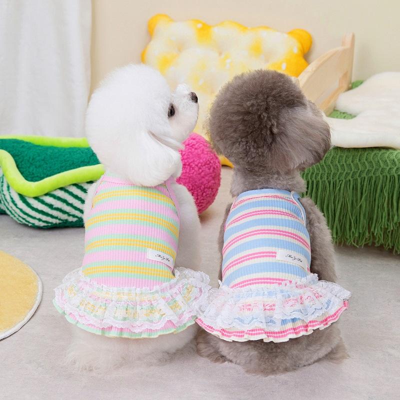 Puppy Summer Clothes Pet Outfit Lace Striped Dog Dress Cat Vest Chihuahua Bichon Yorkie Suspenders Skirt Cute Female Dog Tshirt