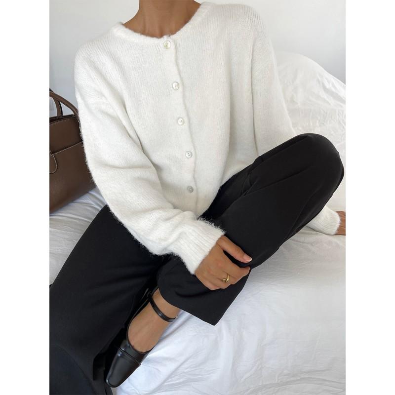 2026 Fall Winter Loose Fit Shell Button Fleece Knit Cardigan Sweater Women