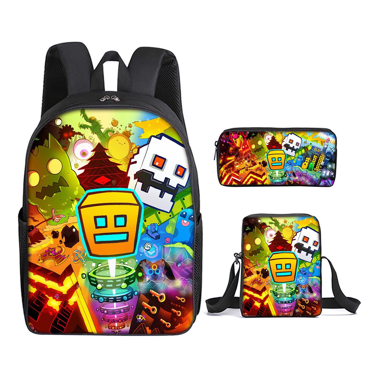 Klassiek Populair Geometry Dash 3D Geprint 3 stuks/Set leerling Schooltassen Laptop Dagrugzak Rugzak Schuin gedragen schoudertas Etui