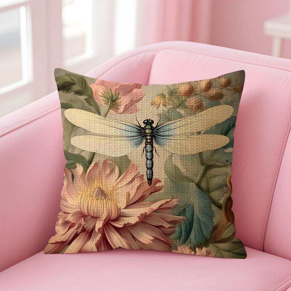 Dragonfly Lotus Luxury Cushion Cover Natural Linen Pillow Case DoubleSided Print Decorative Sofa Pillowcase Home Decor Gift