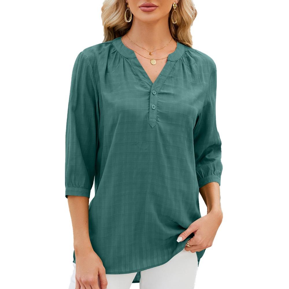 

IHUASU Весна/лето, однотонный свободный комплект с v-образным вырезом и пуговицами, шифоновая блузка для женщин XXL темно-зеленого