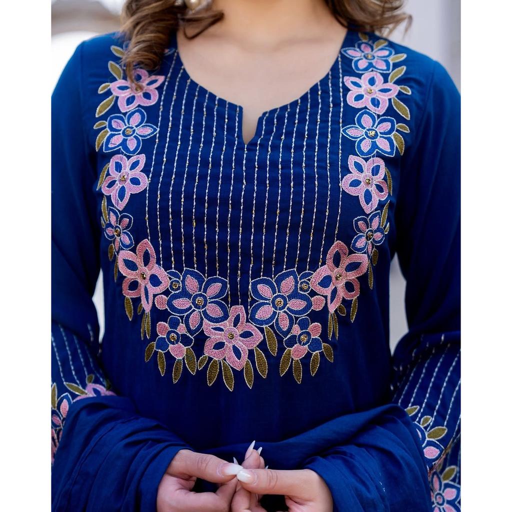 Women Aline Embroidery Kurti Pant Dupatta Set Pakistani Party Wear Top Kurta Set