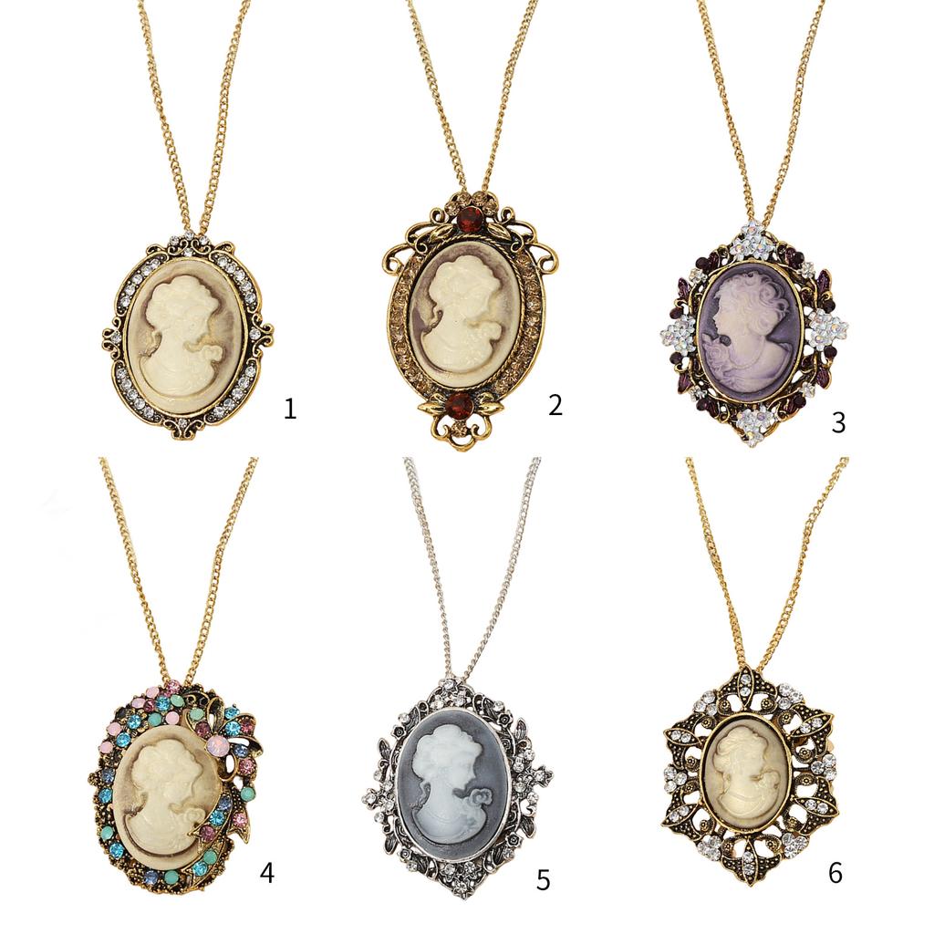 Oval Cameo Pendant Necklace with Crystal Rhinestones Handmade Vintage Jewelry Accessory Stylish Outfit Enhancer