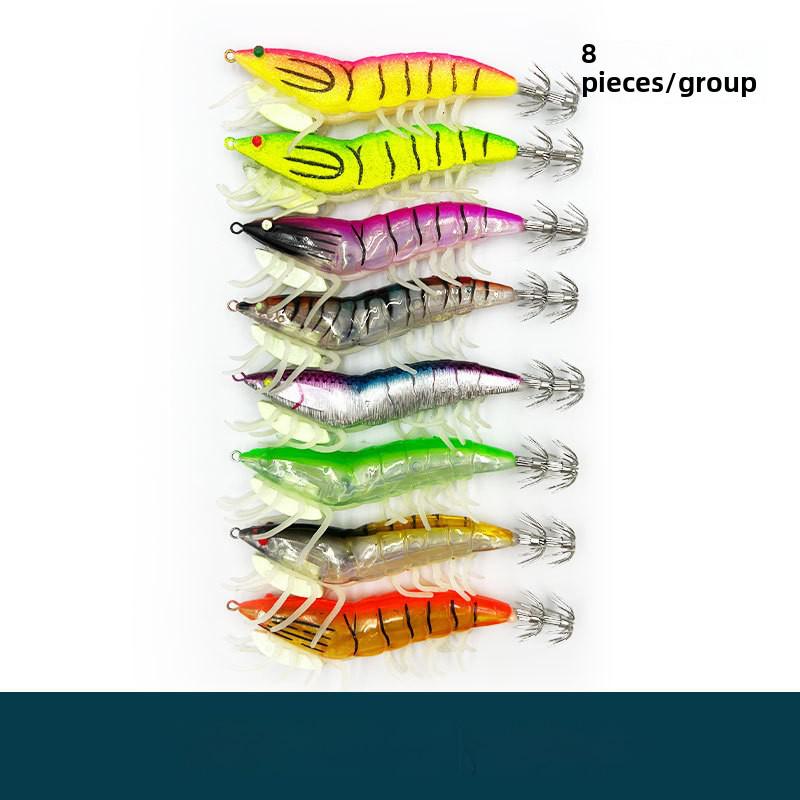 Luminous Wooden Shrimp Squid Hook with Beads and Soft Foot Lure for Sea Fishing and Lobster Bait