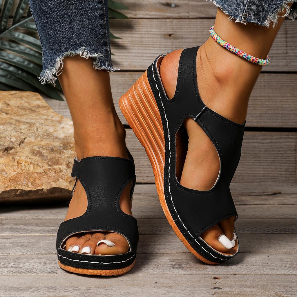 Summer Large-sized Sandals Women's Bikes Stitched Shoes Breathable Velcro Hollowed-out Wedge Heel Sandals
