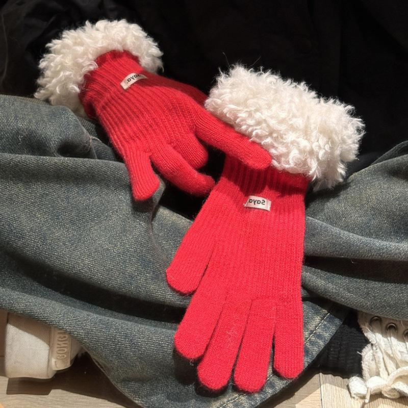 Gants tricotés à écran tactile tendance pour femmes, gants d'hiver chauds à bords en peluche, mitaines de cyclisme de sport coupe-vent, gants en peluche épais et doux au poignet