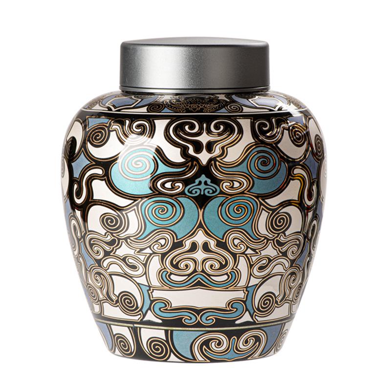 Taotie Ceramic Tea Can with Gold & Silver Inlay - Double-Metal Lid & Sealed Storage, Retro Chinese Design