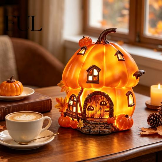 Piccola Luce Notturna Curativa Accesa Resina Zucca Casa Statuetta, Luce Notturna Capanna di Halloween, Forniture per Feste Festività Raccolta Autunnale Tavolo