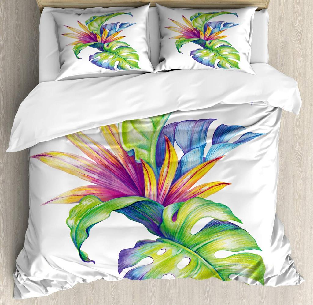 Palm Leaves Comforter Cover Duvet Cover Tropical Leaves Bedding Set Quilt Cover for Men Women, White 3 Pcs Queen King Size