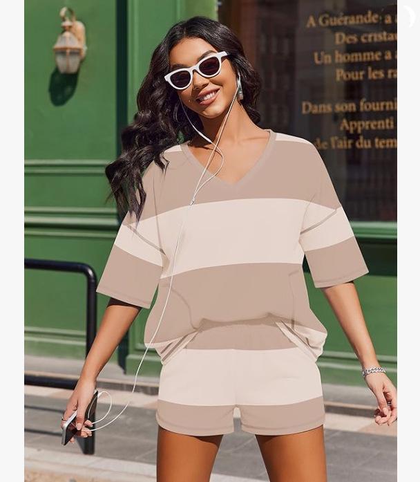 Spring/Summer Women's Striped Short-Sleeve Top & Casual Shorts Two-Piece Sportswear Set