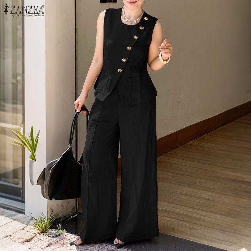 ZANZEA Dame Ermeløse Vesttopper og Bukser Sommer Todelt Draksett