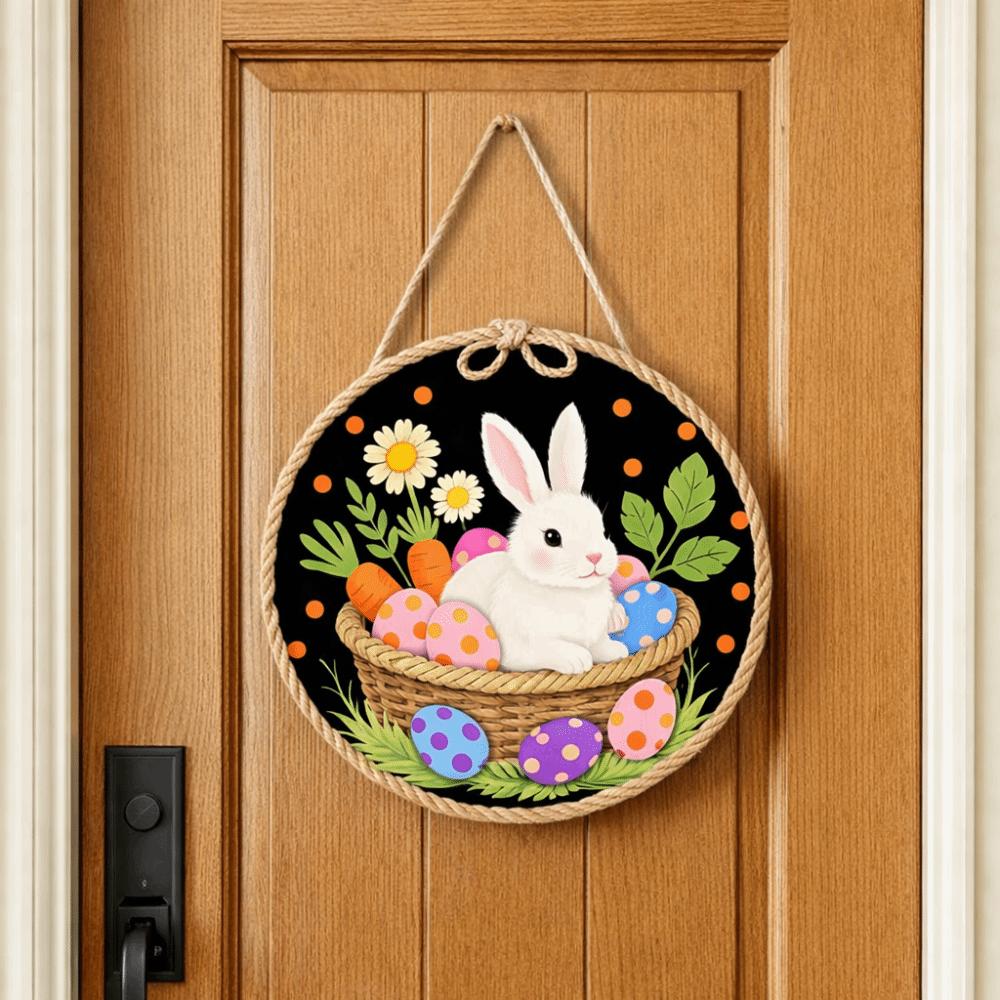 Wooden Happy Easter Door Sign Rabbit Eggs Easter Decorative Tags Hanging Wood Sign  Wall