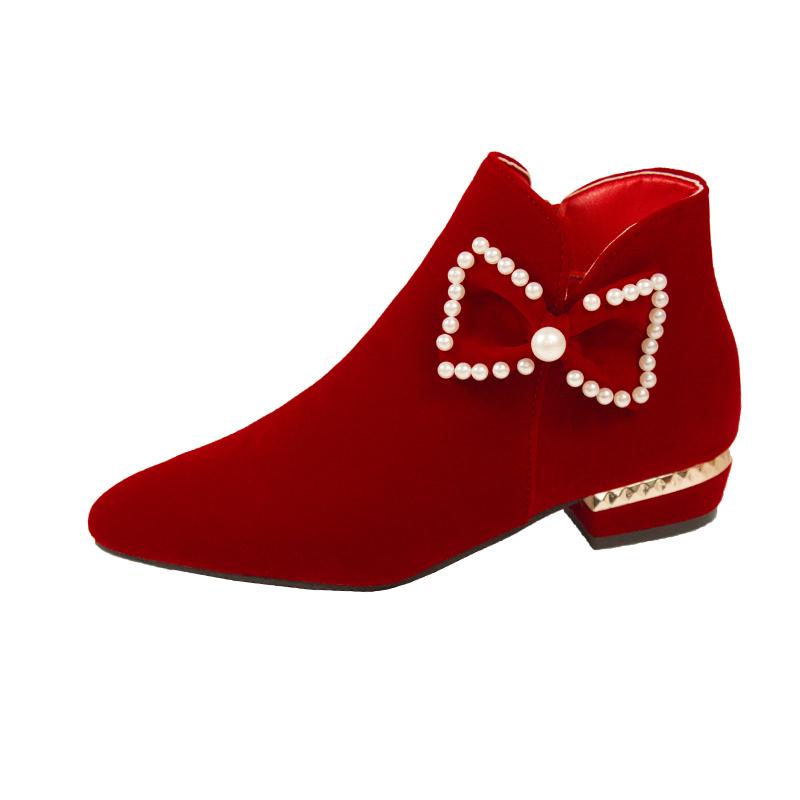 Winter New Thick Heel Cotton Boots Women Pointed Suede Side Zipper Butterfly Knot Short Tube Wedding Shoes