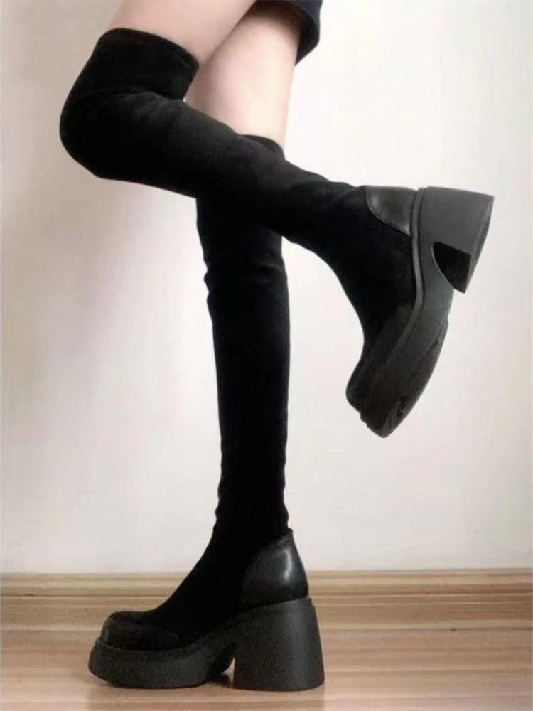 Fashion Elastic Black Round Toe Thigh High Boots for Women Spring Autumn Hot Work Gyaru Quality On Offer Above Over The Knee Shoes Woman