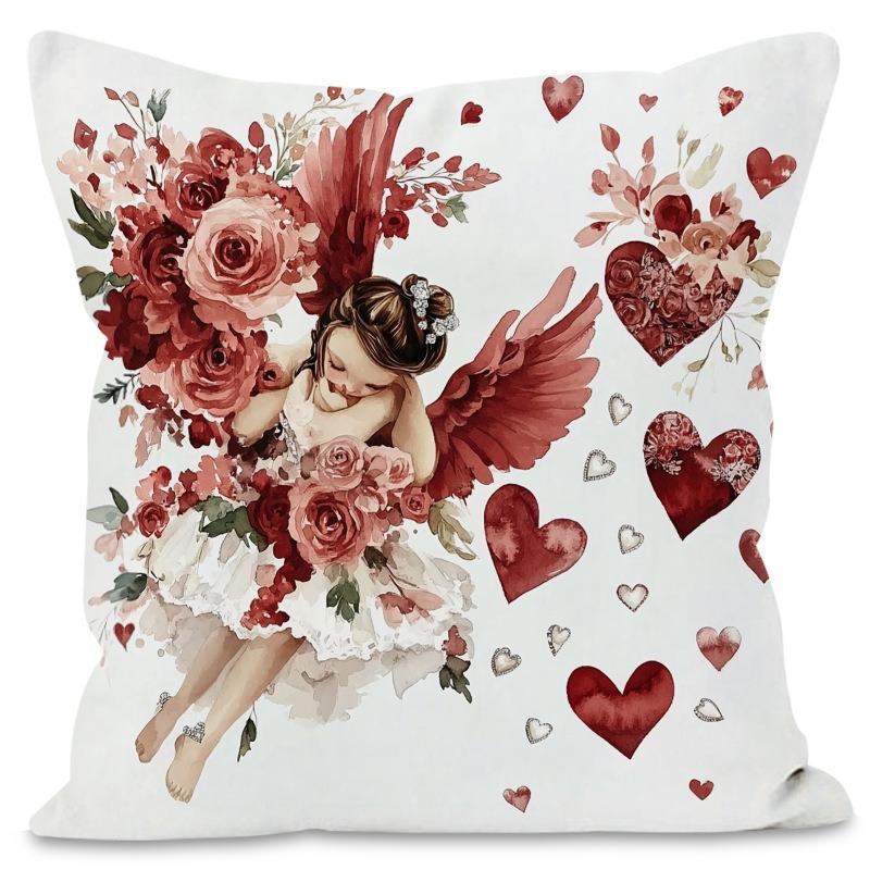 Valentine's Day Angel Print Home Decor Pillowcase Bedroom Living Room Sofa Decoration Polyester Cushion Cover with Zipper