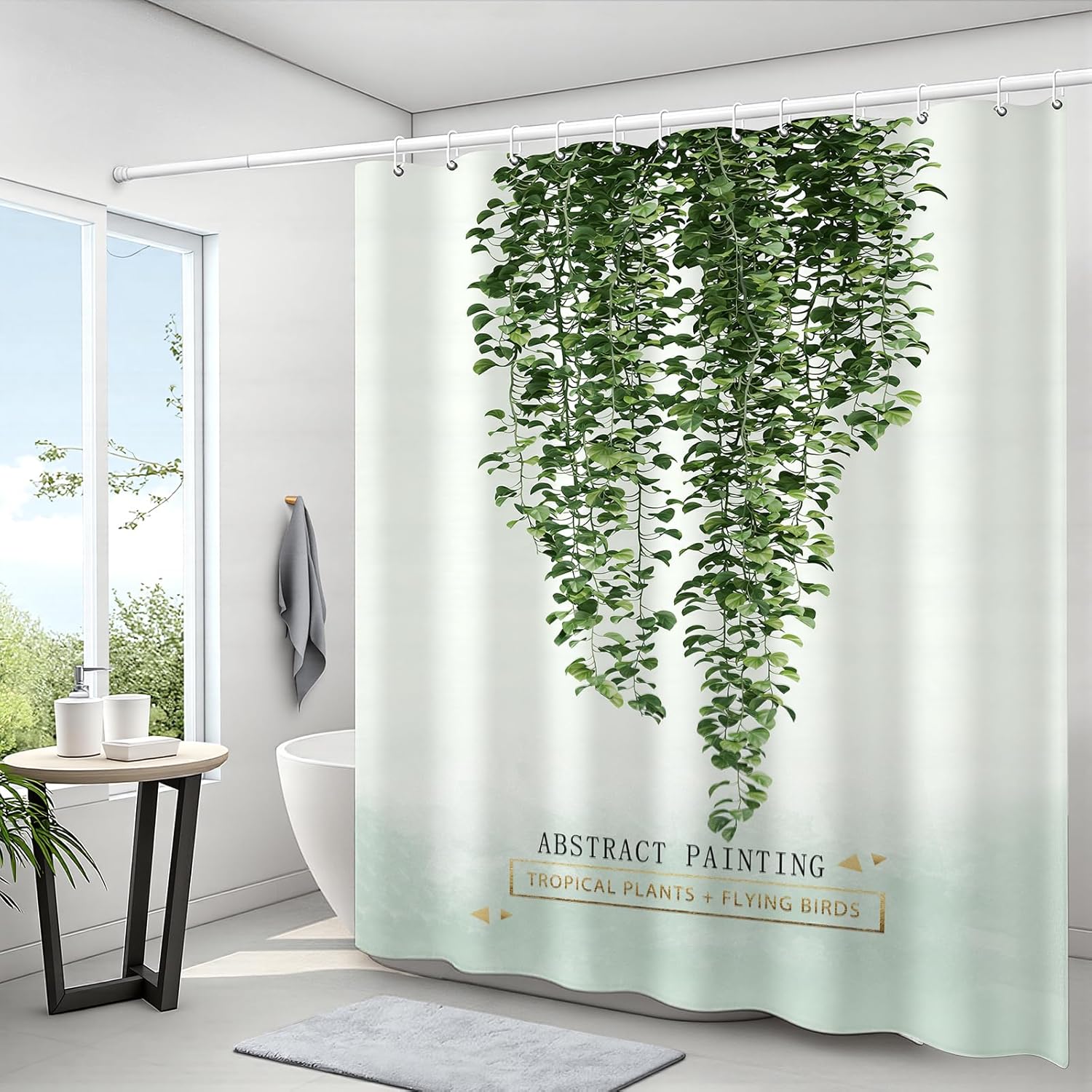 Shower Curtain Green Plants Watercolor for Bathroom, Modern Simplicity Waterproof Fabric Shower Curtain Set with Hooks 90x180