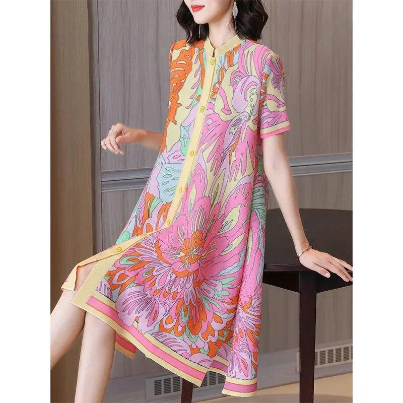 Rochie plisată subțire de vară și de primăvară pentru femei, ocazional pentru femei, la modă, imprimeu cu mâneci scurte, cu guler în picioare, topuri pentru femei
