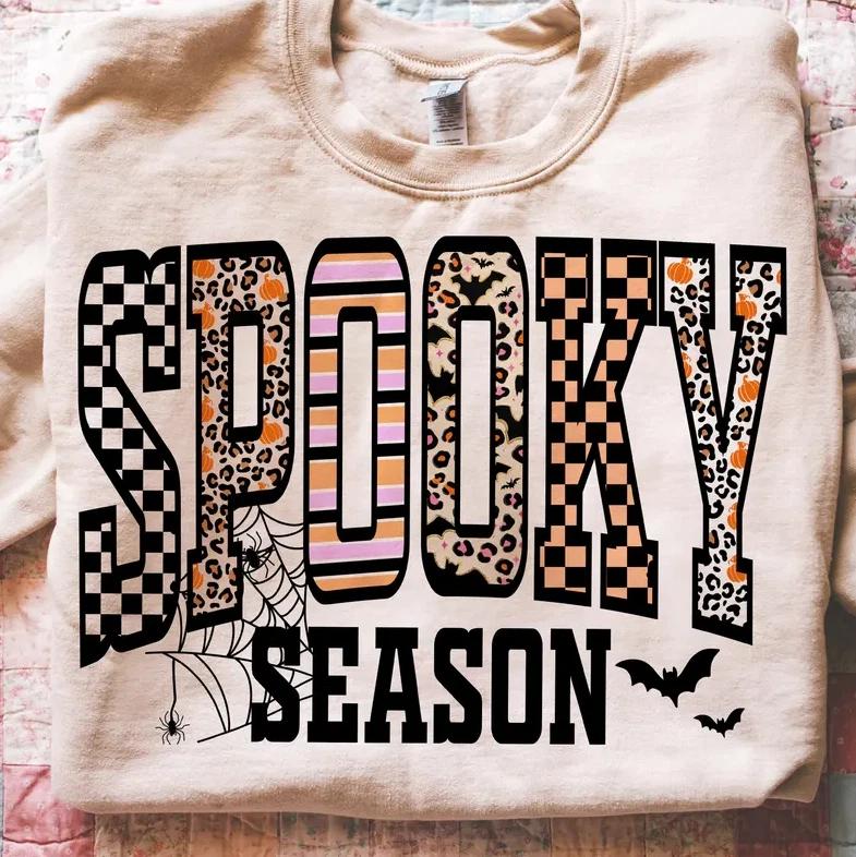 Retro Halloween Leopard Checkered Spooky Season Shirt, Girly Autumn Gifts L