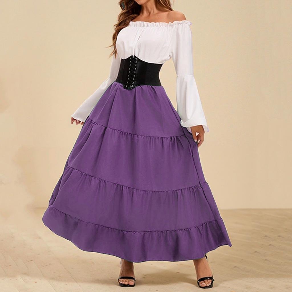 Women's Fashion Retro Maxi Dress Trumpet Sleeve Waist Dress