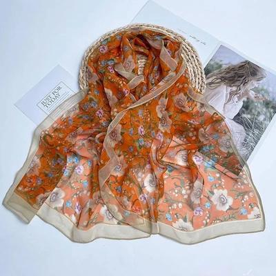 Lightweight Silk Scarf Floral Pattern Sheer Fabric Thin Soft Long Shawl for All Seasons Women Accessories