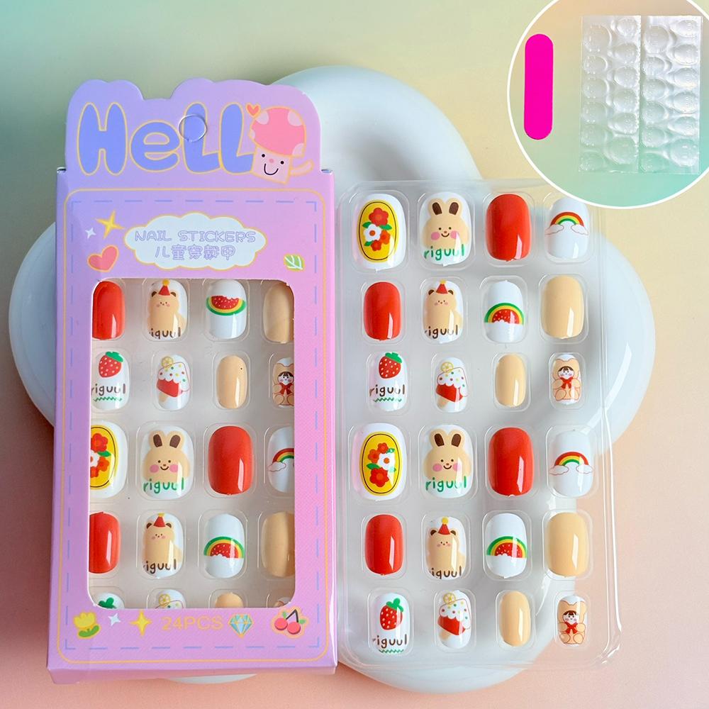 24pcs Kids' Cute Red Cherry/Rabbit/Carrot Press On Nails Cartoon Short Square Fake Nails Reusable Nails Decor with Glue & File