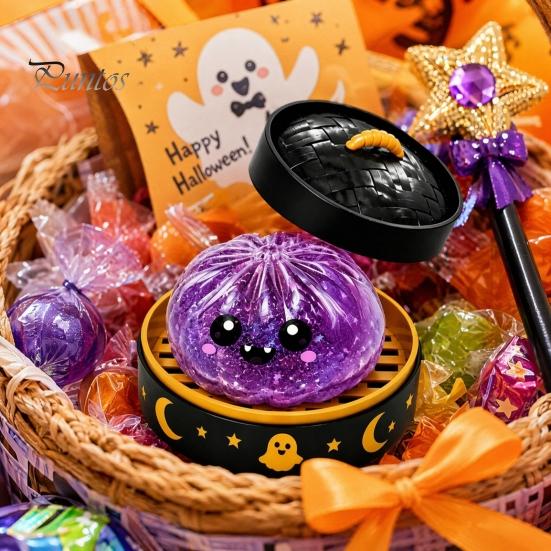 Spooky Halloween Decor Decompression Toy, with Glitter Squishy Dumpling Pumpkin/Eyeball/Ghost Shape, Funny Expression Toys Stress Relief Sensory