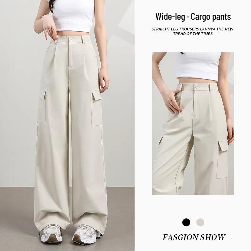 

Women s 2025 Spring Slimming High-Waisted Wide-Leg Pants M (96-105 kg) абрикосовый/белый