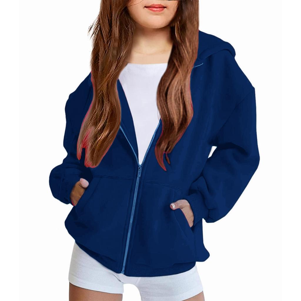 Children's Relaxed-Fit Zipper Hooded Sweatshirt Jacket Solid Color Hoodie With Pockets