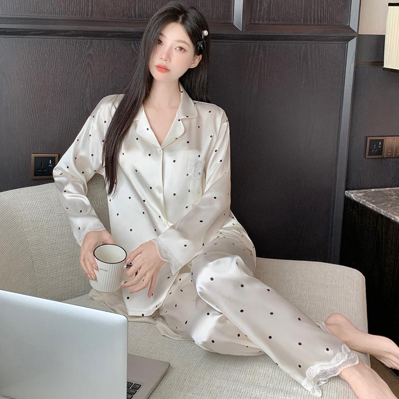 

весна осень Женский пижамный комплект в горошек кружевные топы и брюки атласная одежда для сна свободная пижама из 2 предметов домашняя одежда наряды 2XL