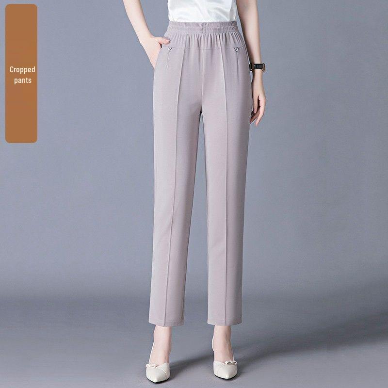Women's Lightweight Ice Silk High-Waist Casual Pants for Summer - Mid to Elderly, Loose Fit, Nine-Length