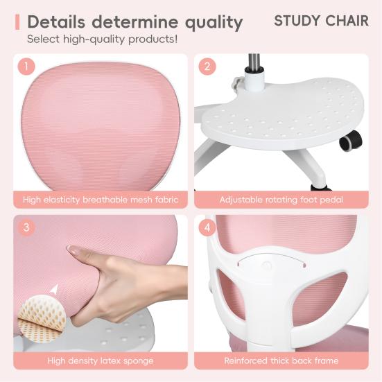 Silla Ergonómica de Estudio para Niños con Reposapiés Ajustable y Reposabrazos abatibles, Malla para Ordenador Infantil Oficina, Giratoria 360 grados para Habitación de Casa Dormitorio Sala de Estudio