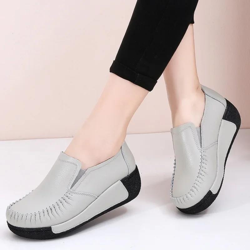 Fashion Spring and Summer Women Shoes Slip on Genuine Leather Sneaker Fashion Thick-soled Rocking Shoes Platform Wedge Loafers for Women