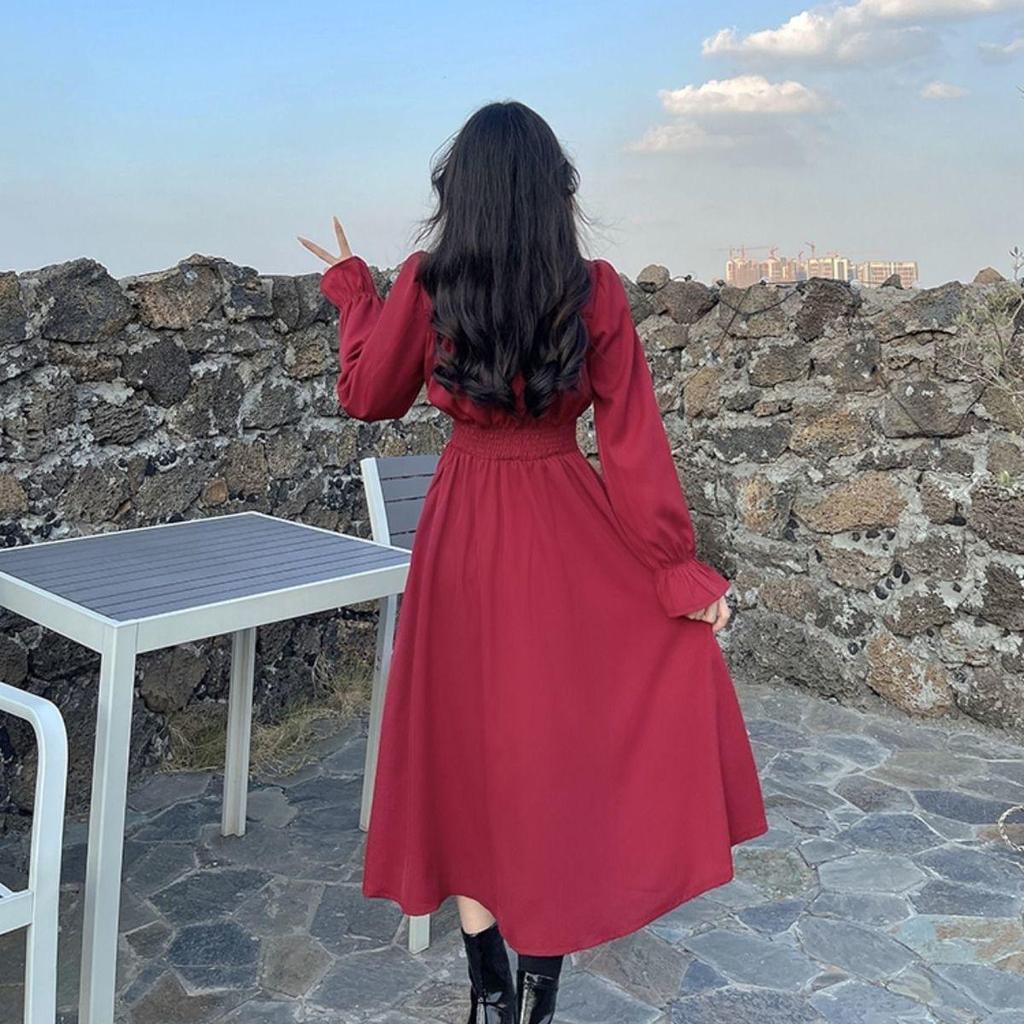 French Retro Square Collar Long Sleeve Dress Elastic High Waist A-line Skirt Temperament Gentle Slim Skirt Princess Dress