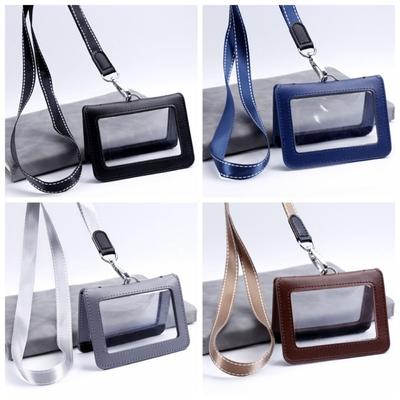 Double-Sided Leather Card Cover With Neck Strap Leather Badge Holder ID Card Holder Work Bank Card