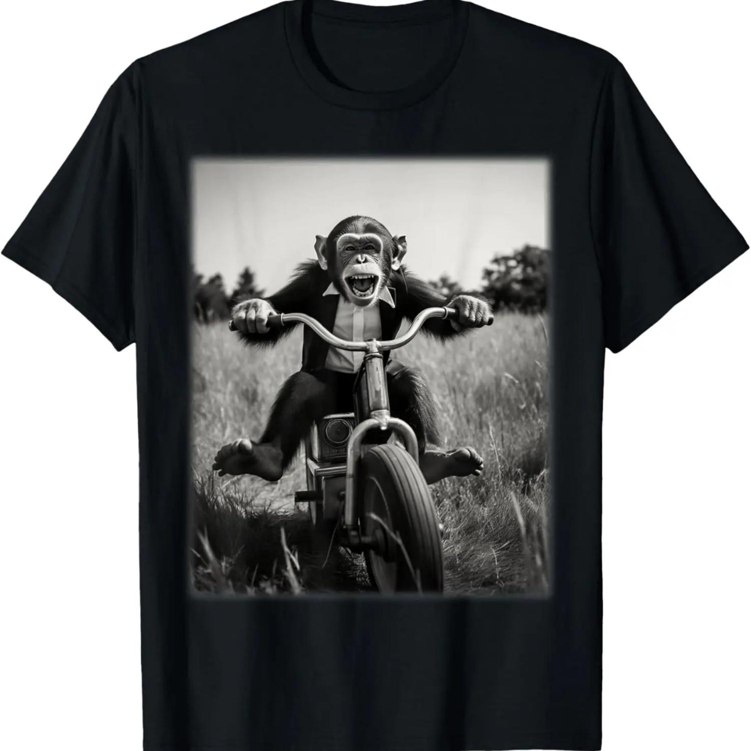 Funny Cute Monkey Chimp Riding Vintage Bicycle Men Woman T-Shirt S чёрный