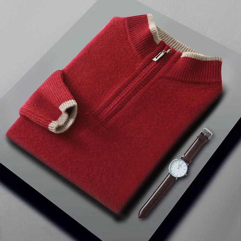 Men's Autumn/Winter Wool Knit Zipper Pullover - Seven-Needle Thickened Half-High Collar Sweater