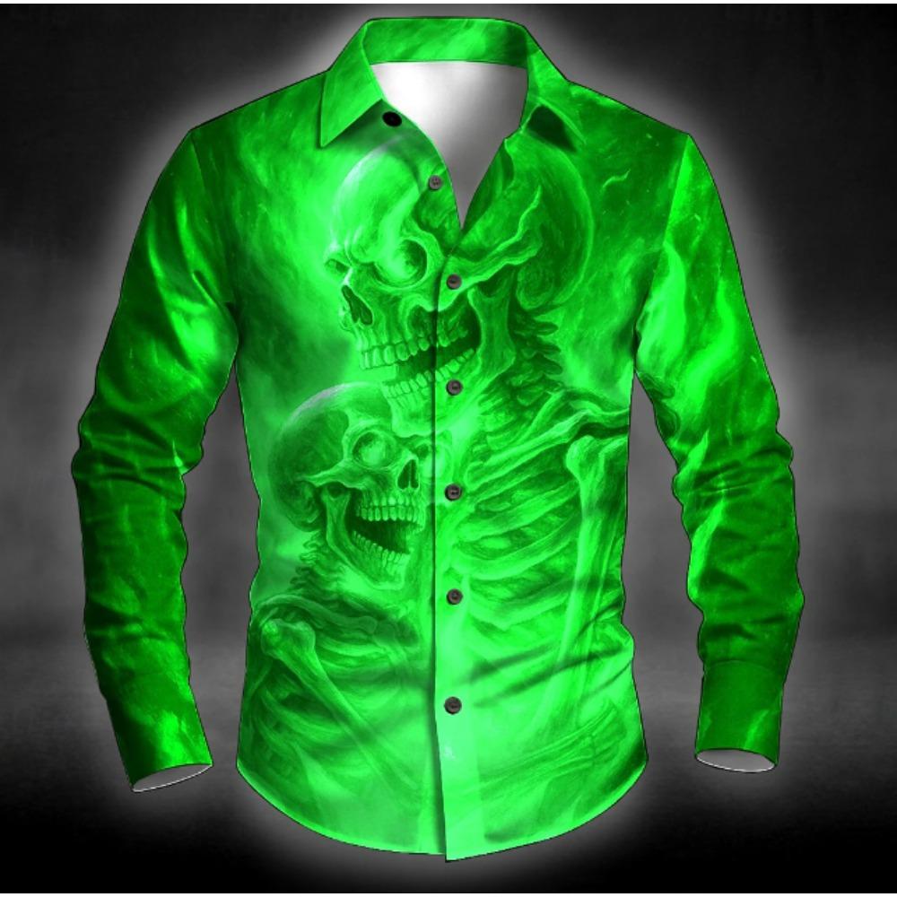 Men's Skull Printed Long Sleeve Shirts Casual Cardigan New Button Holiday Fashion Shirts