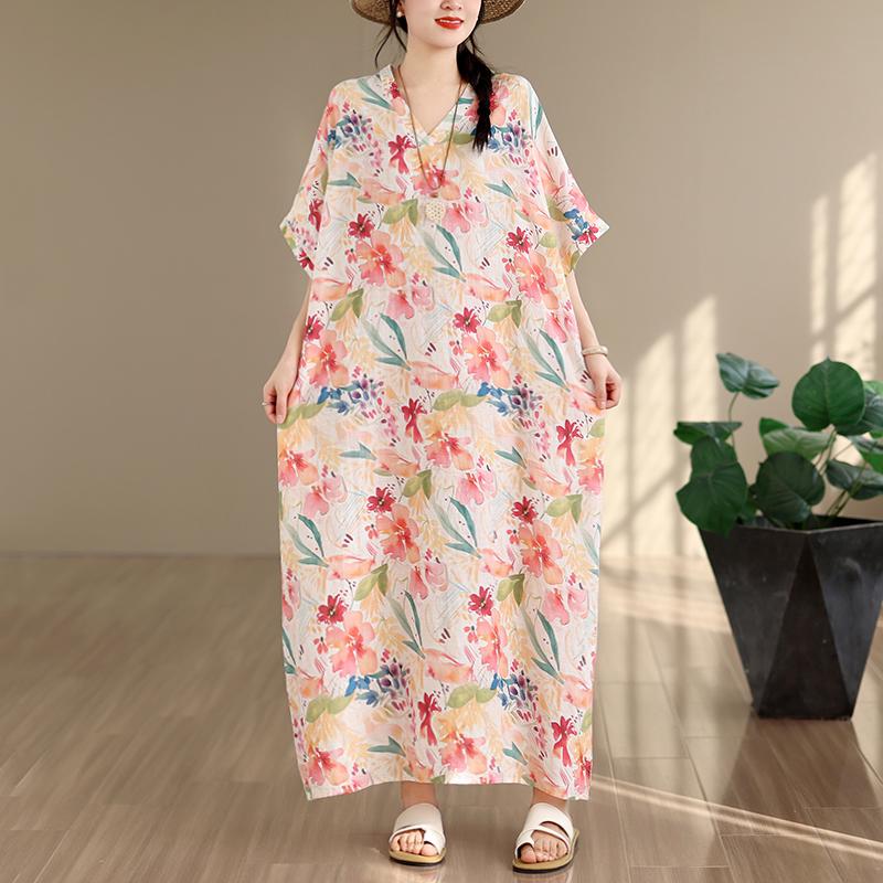 DIMANAF New 2026 Women Plus Size Summer Casual Loose Long Dress Cotton Oversize Maxi Floral Print Beach Sundress