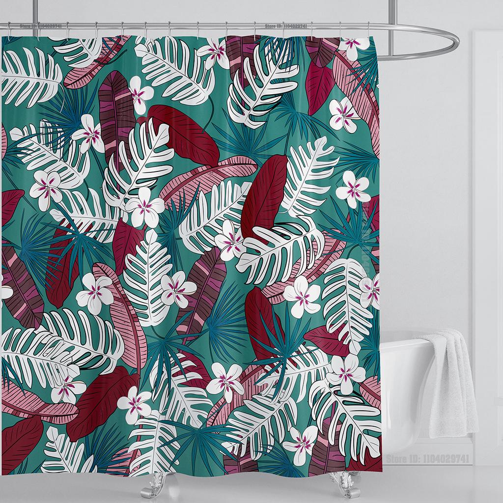 Bohemian Shower Curtain Tropical Jungle Wildlife Bathroom Set Modern Pink Aesthetic Parrot Floral Bathroom Curtain With Hooks