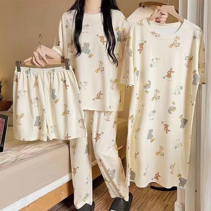 Pajamas women's summer round neck short-sleeved nightgown summer loose cropped pants loungewear set