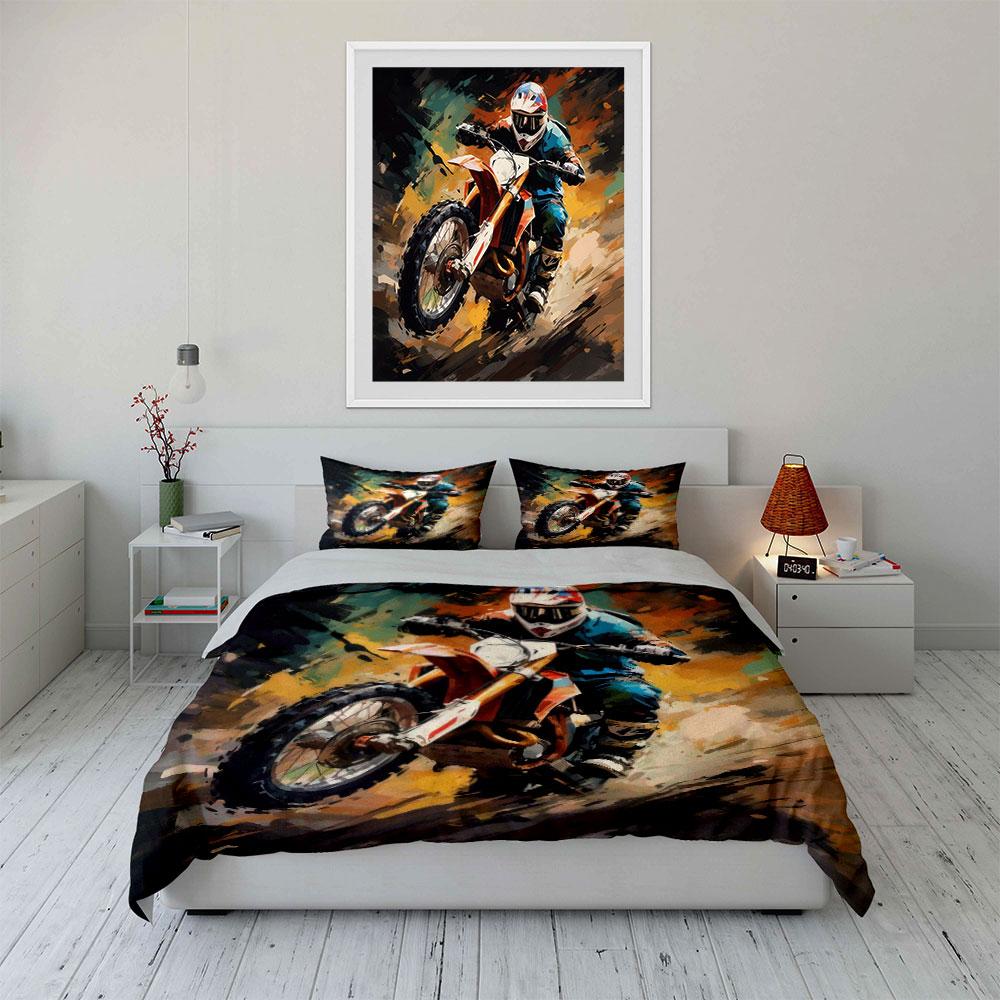 Motocross Sport Decorative Set Bedding Set With 1 Duvet Cover 2 Pillowcases Single Double King Queen, Gift