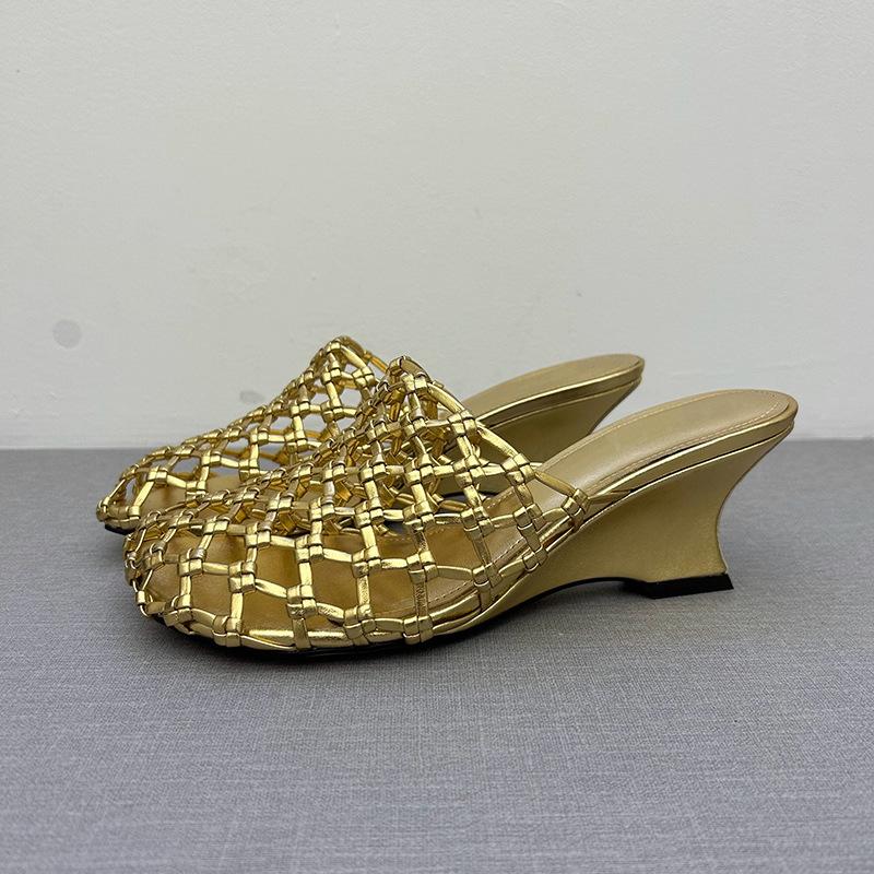 

Fashion Gold Mesh Woven Slippers Women Fashion Square Toe Wedges Slide Sandals Summer Comfortable Non-Slip Vacation Beach Women Sandals 39 золотой